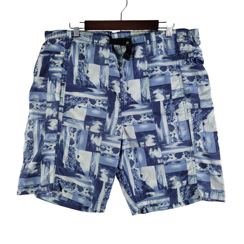 REI Hiking Shorts Mens Large Blue Good Landscape Print Belted Mesh Lined